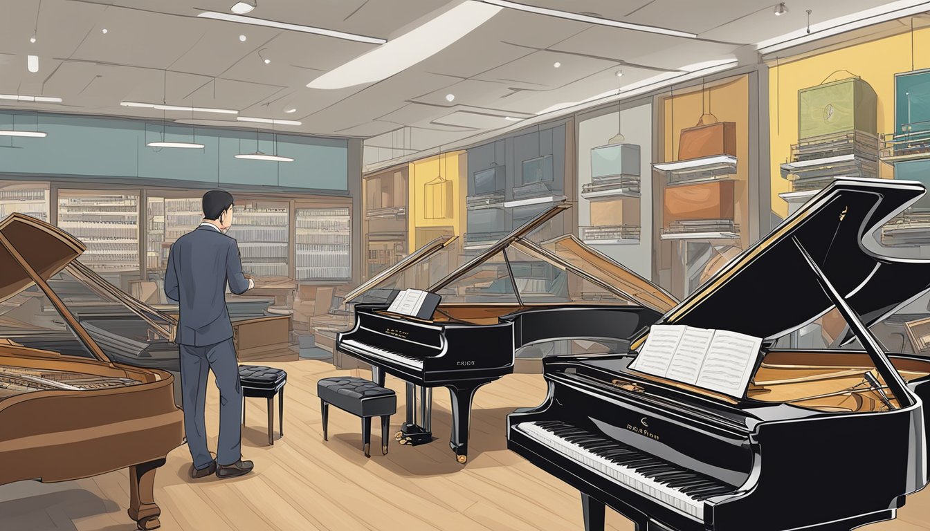 A customer examines pianos at a music store in Singapore, comparing prices and quality before making a purchase decision