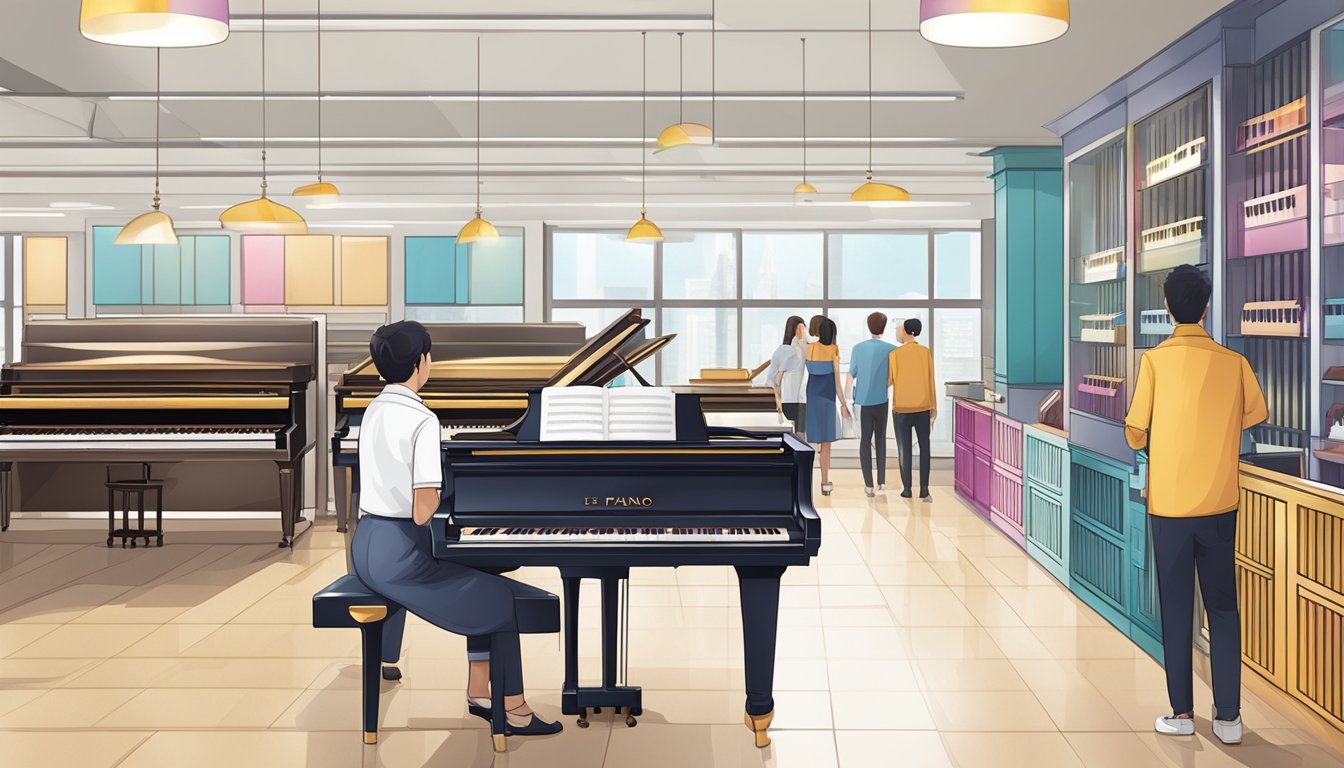 A bright and modern piano store in Singapore, with rows of glossy pianos and a helpful salesperson assisting a customer