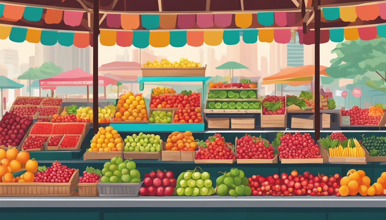 A colorful fruit stand displays bottles of pomegranate juice in a bustling market in Singapore. The vibrant red liquid catches the eye, surrounded by other fresh produce