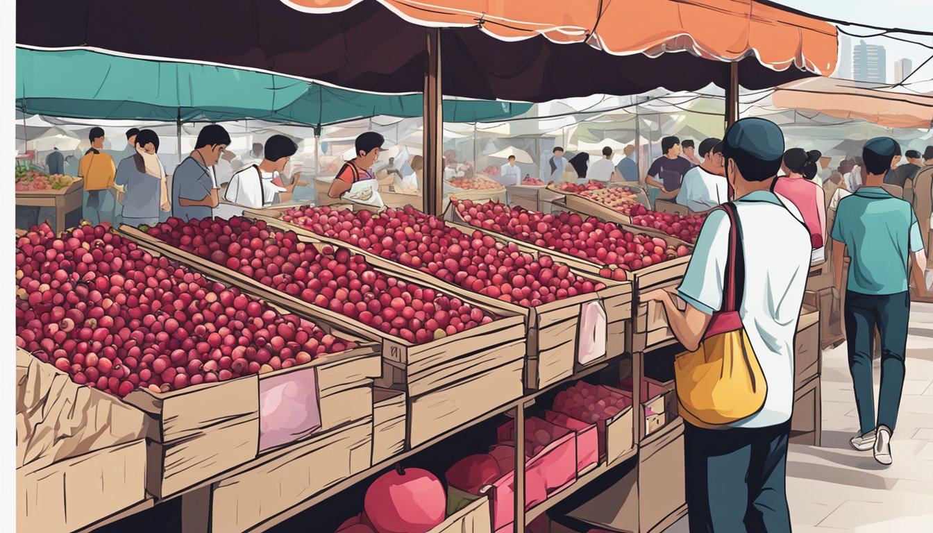 A bustling market stall displays rows of vibrant pomegranates, with a sign boasting "Fresh Pomegranate Juice for Sale" in Singapore
