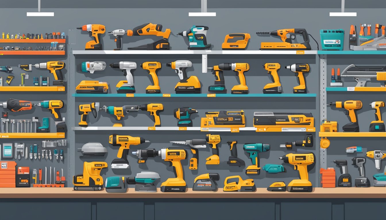 A bustling hardware store in Singapore showcases a wide array of power tools on neatly organized shelves, with bright signage highlighting the top retailers in the city