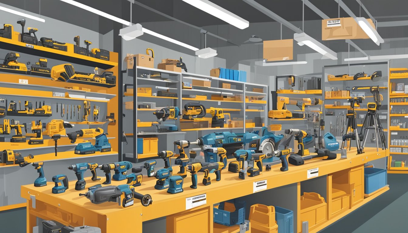 A hardware store shelf displays various power tools with price tags. Customers browse the selection, while a salesperson assists a couple