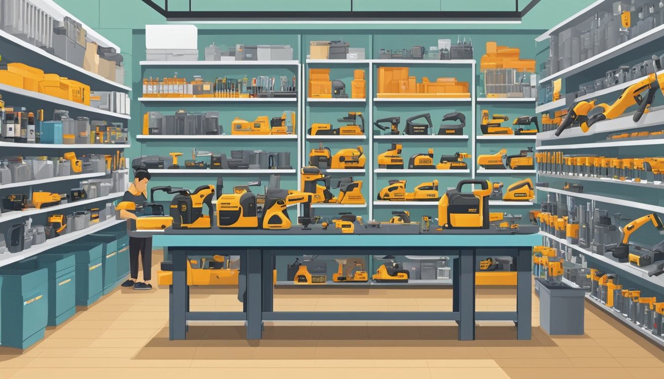 A hardware store in Singapore displays a variety of power tools on shelves, with customers browsing and asking staff for assistance