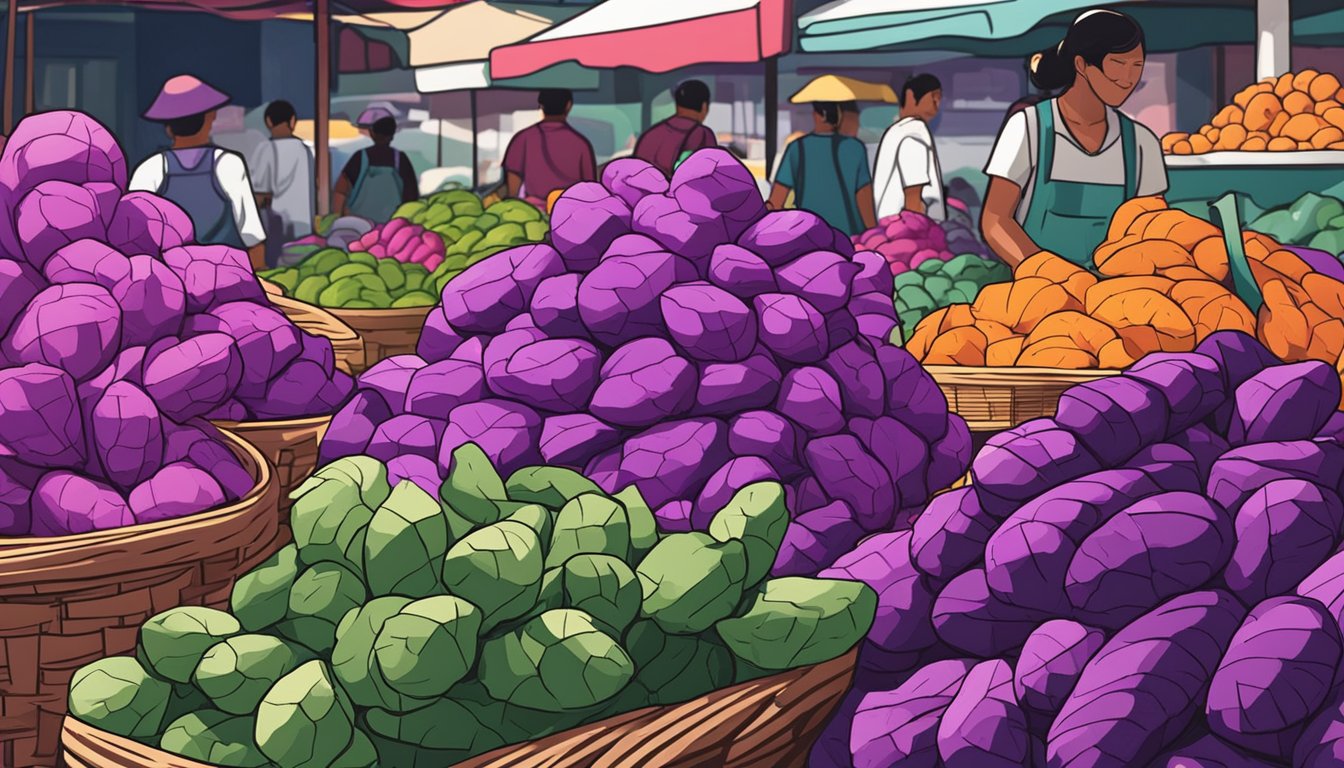 Purple yams on display at a local market in Singapore. Brightly colored tubers piled in baskets, with vendors selling fresh produce