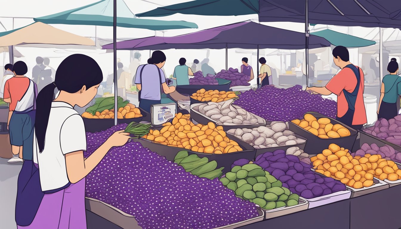 Customers easily select and pay for purple yam at a clean and organized market stall in Singapore