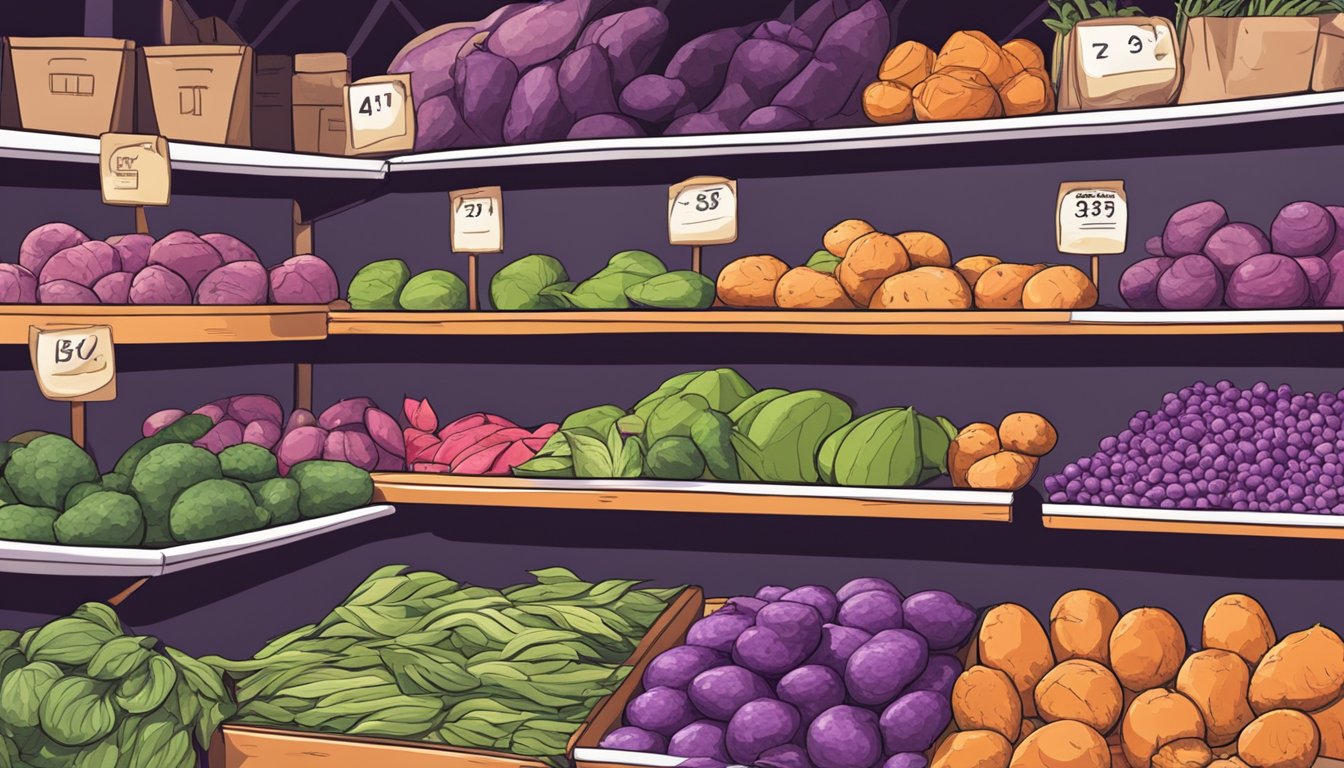 Shelves of a grocery store with various produce, including purple yams, neatly displayed with price tags in a bustling market in Singapore