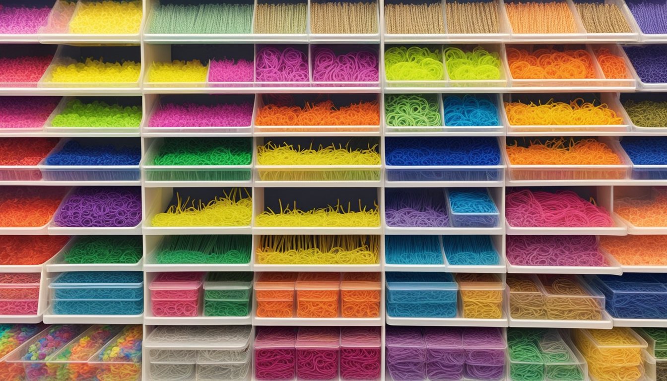 Colorful rainbow loom bands displayed on shelves in a bright, well-lit store in Singapore. Various sizes and colors are neatly organized for easy selection