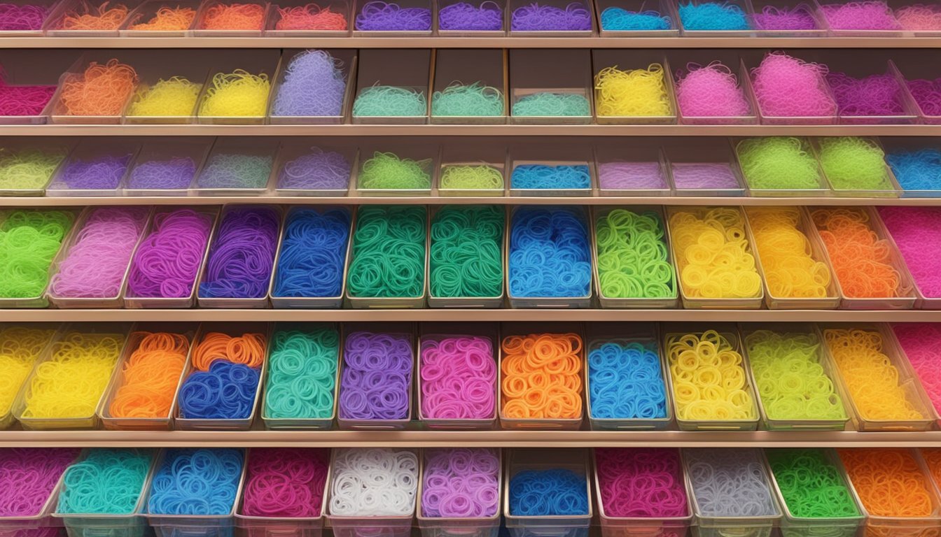 A colorful display of rainbow loom bands in various sizes and colors, neatly organized on shelves in a craft store in Singapore