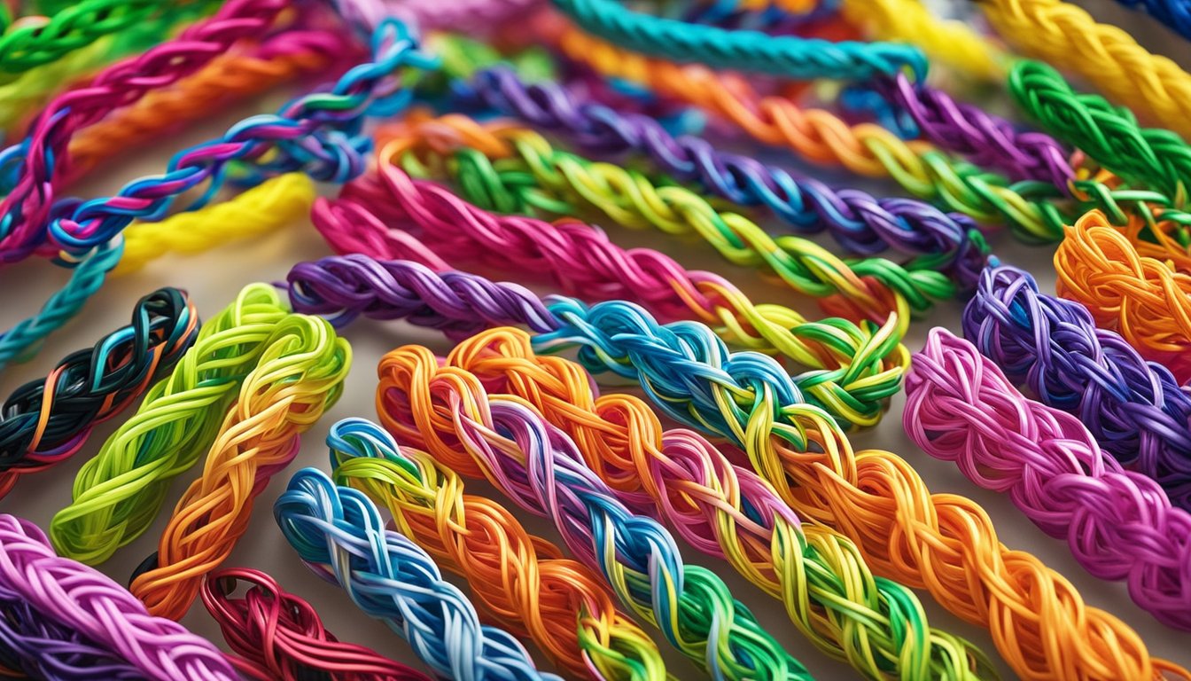 Colorful rainbow loom bands displayed in a well-lit store in Singapore, attractively arranged for easy browsing and purchase