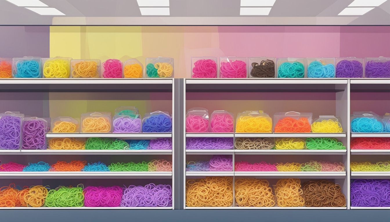 Colorful rainbow loom bands displayed on shelves in a Singapore store. Customers browsing and asking questions to the sales staff