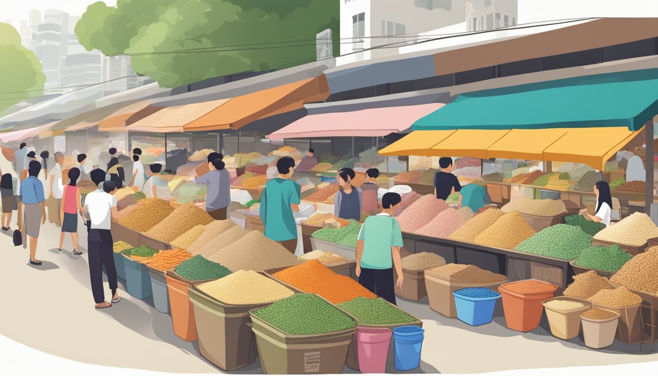 A bustling market stall displays various rice containers in Singapore. Shoppers browse through the colorful selection, with vendors calling out their prices