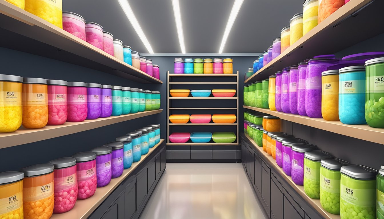 A row of colorful rice containers on shelves in a modern kitchenware store in Singapore. Bright lighting highlights the variety of sizes and styles available for purchase