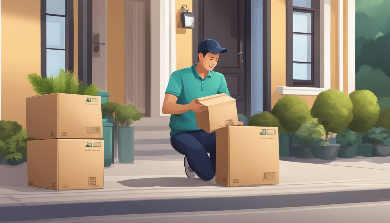 Customer orders rice container online. Delivery person drops off package at customer's doorstep