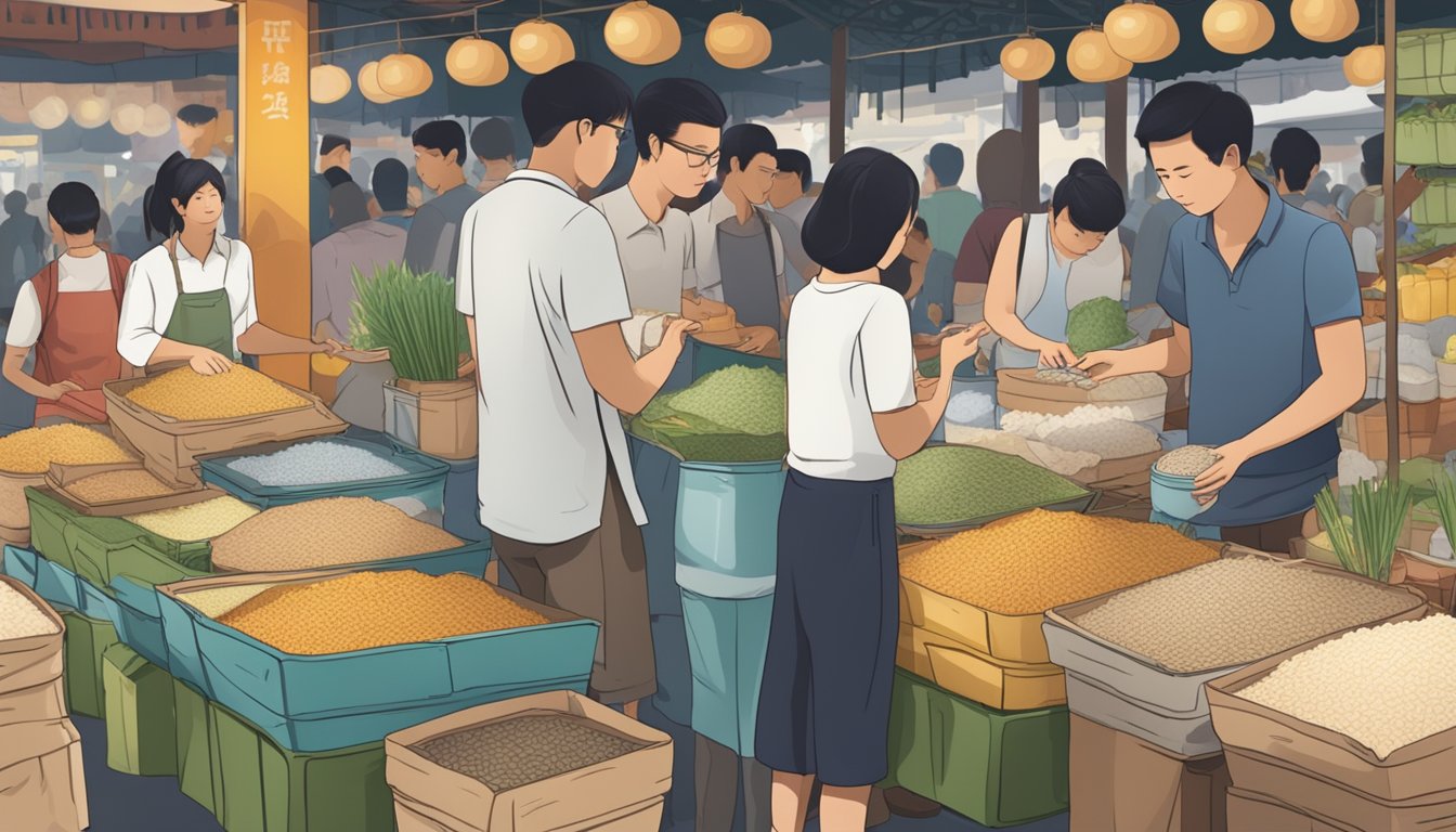 A bustling Singaporean market stall displays various rice containers, with customers browsing and asking questions