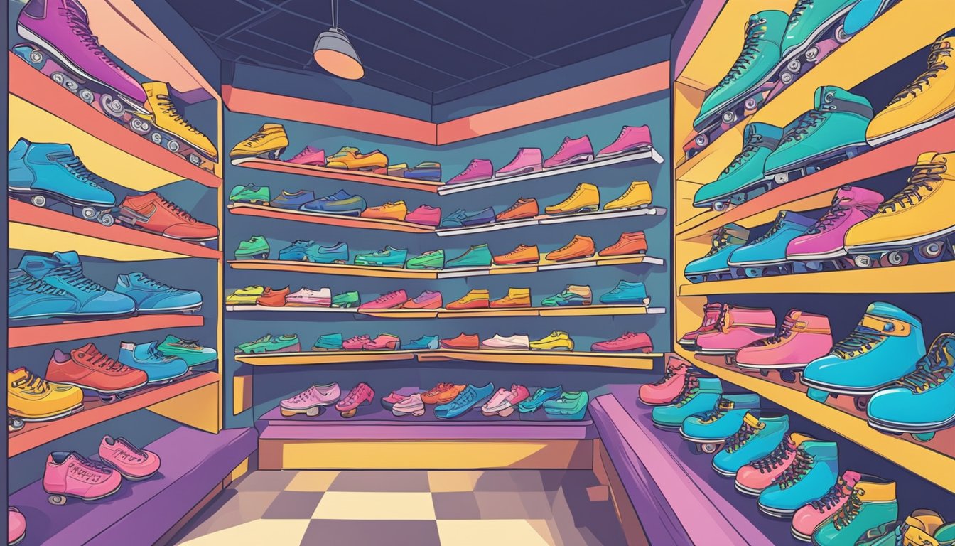 A brightly lit sports store displays a variety of roller skates in Singapore. Shelves are neatly organized with different sizes and styles