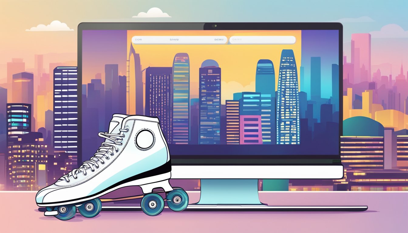 A computer screen displaying an online shopping website for roller skates with a Singaporean skyline in the background