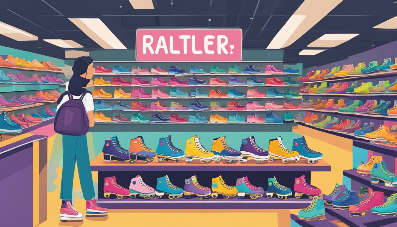 A colorful display of roller skates in a bustling Singapore store, with a sign indicating "Frequently Asked Questions: Where to buy roller skates in Singapore."