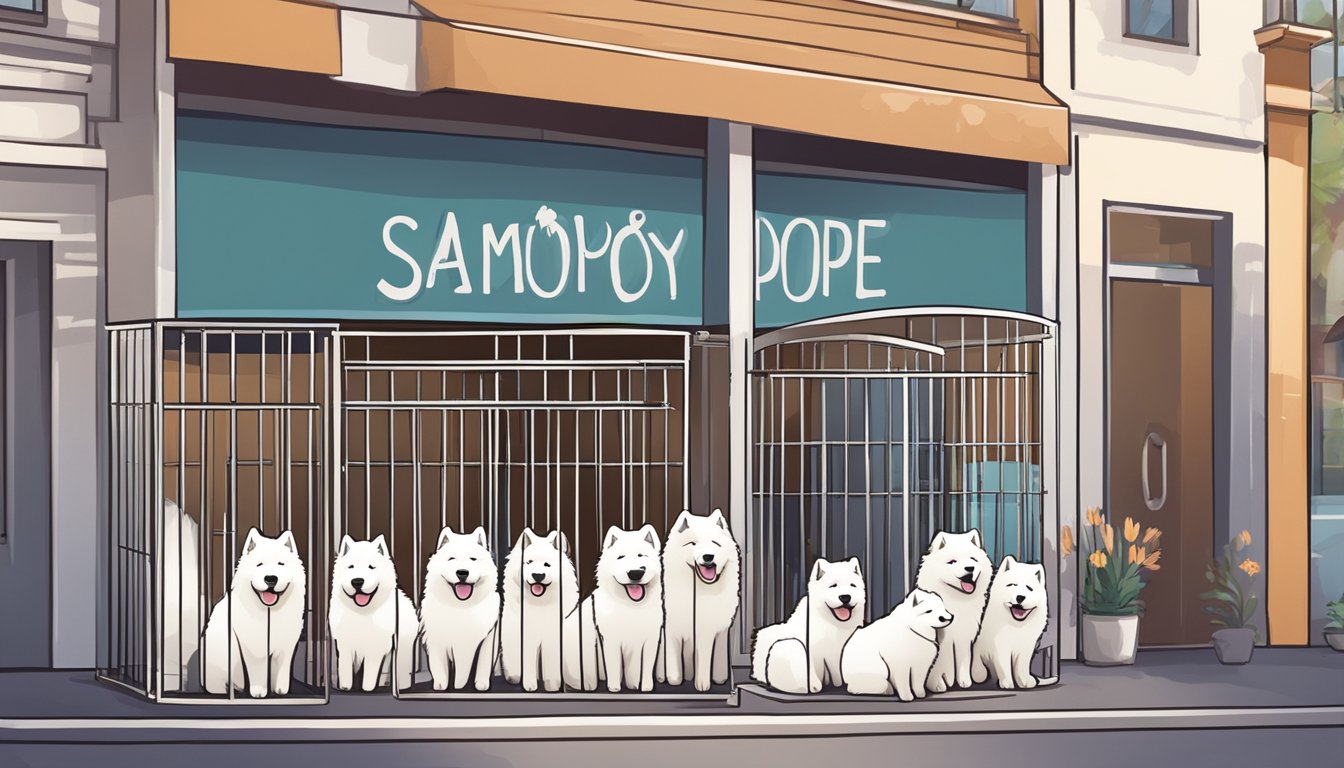 A pet store with Samoyed puppies in cages, a sign "Samoyed Puppies for Sale" displayed prominently, customers admiring and interacting with the fluffy white puppies