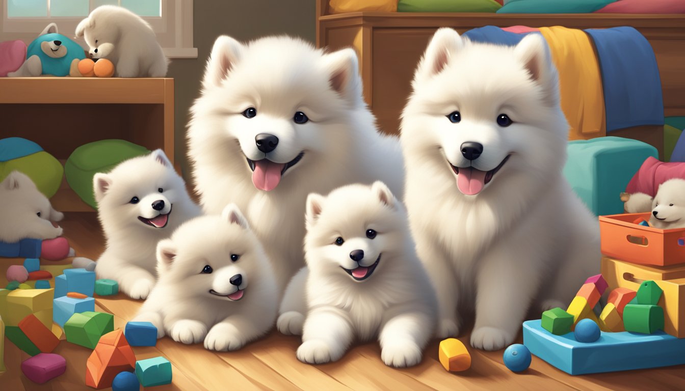 A group of playful Samoyed puppies frolic in a spacious, well-lit room, surrounded by toys and comfortable bedding. A sign in the background indicates a reputable breeder in Singapore