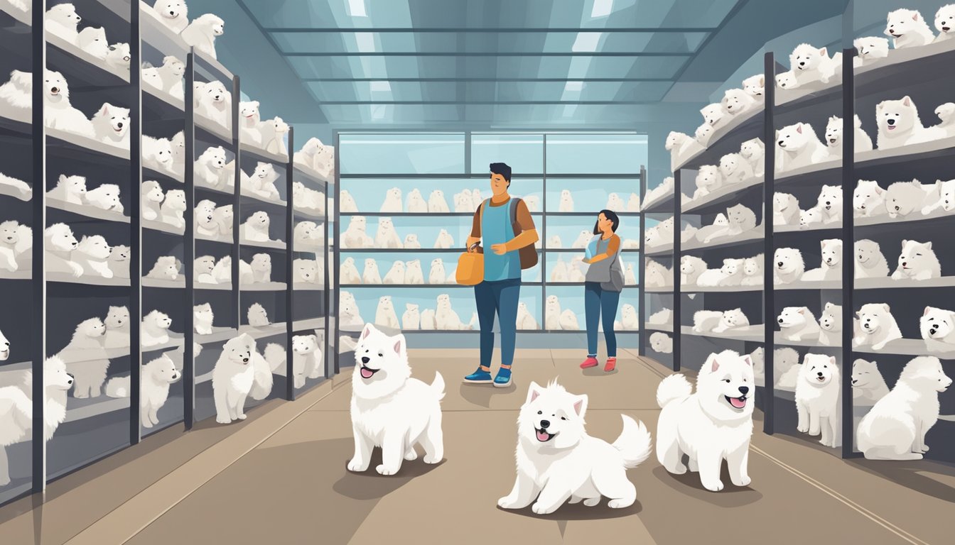 A couple stands in front of a display of fluffy white Samoyed puppies at a pet store in Singapore. The puppies are wagging their tails and looking up at the couple with bright, eager eyes