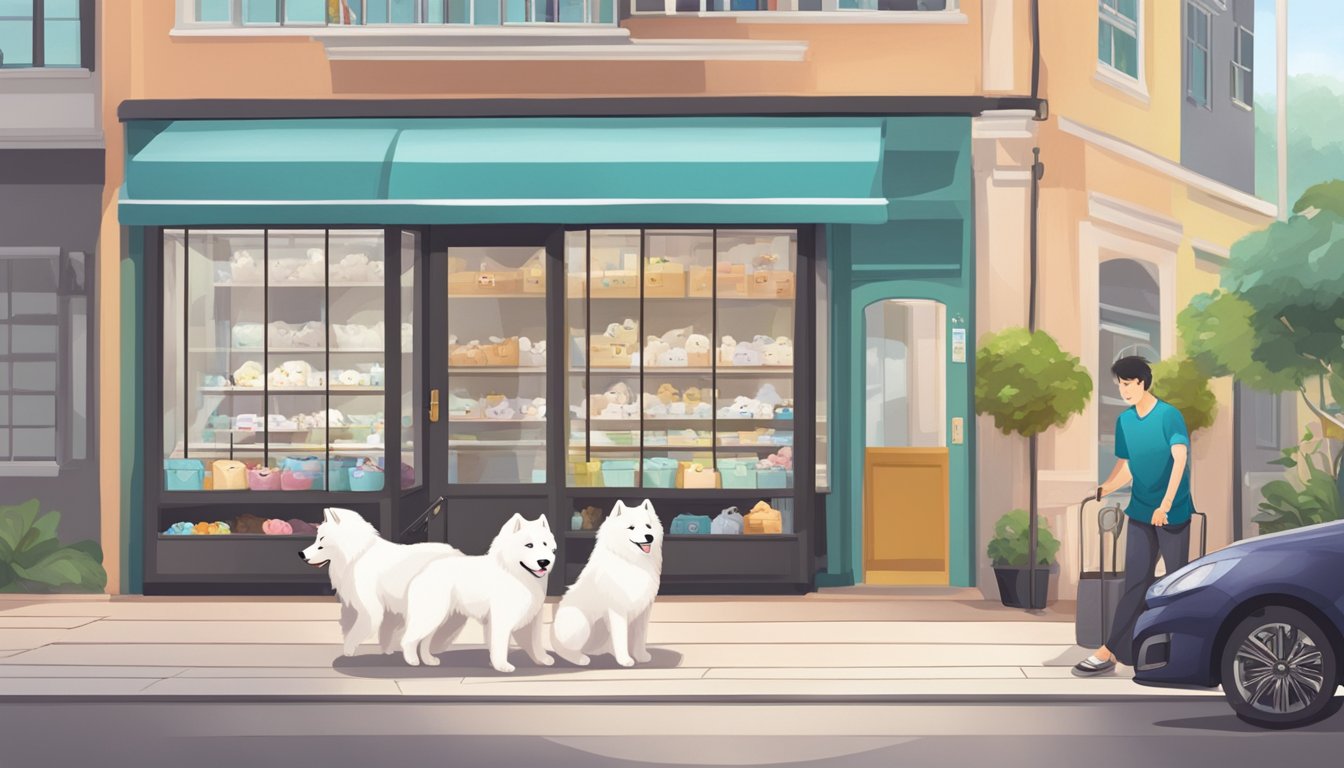 A cozy pet store with a sign "Samoyed Puppies Available" in Singapore, with a friendly staff member assisting a potential buyer