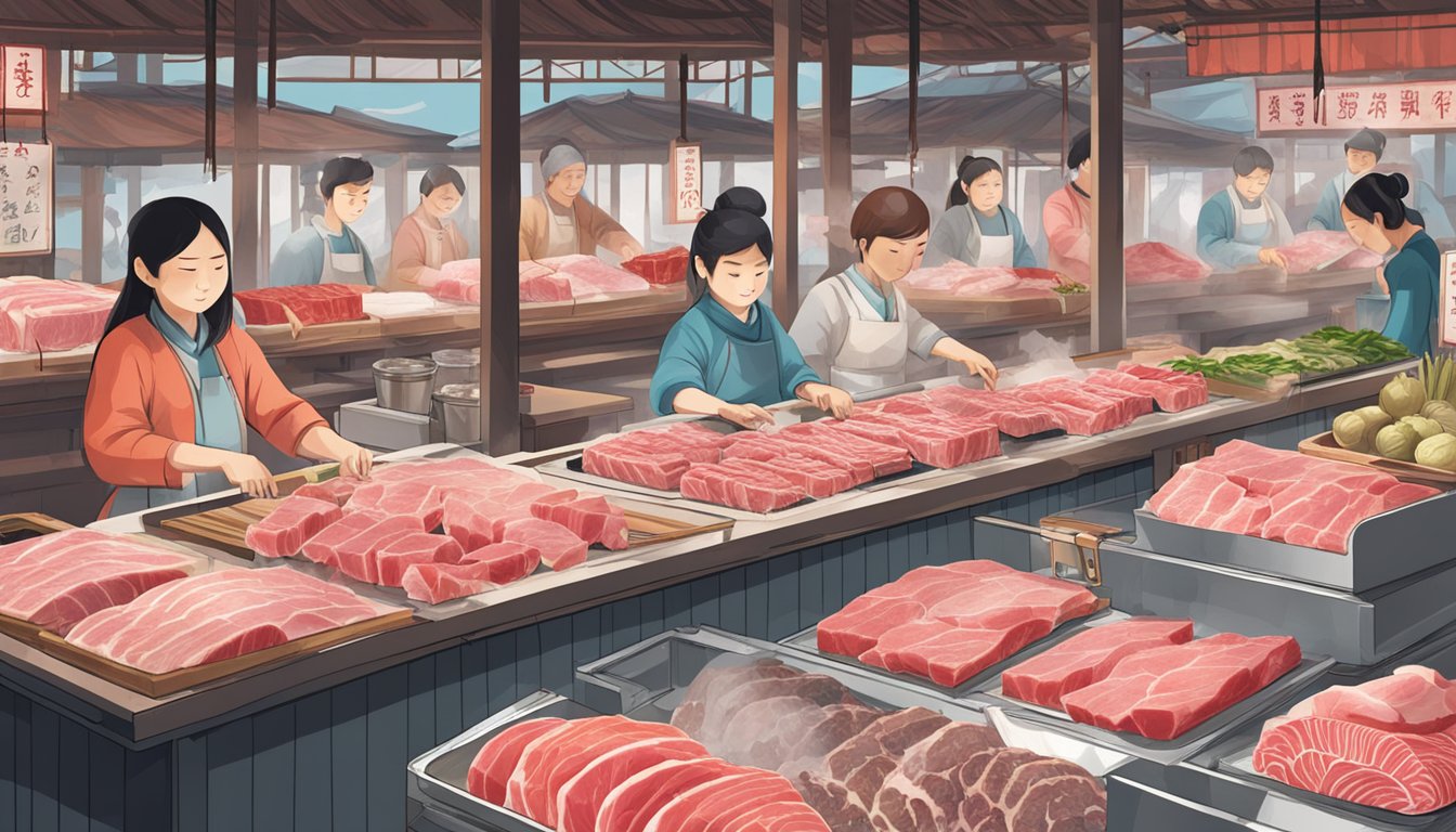 A bustling market stall displays various cuts of shabu shabu meat, with vendors expertly slicing and packaging the fresh, marbled cuts
