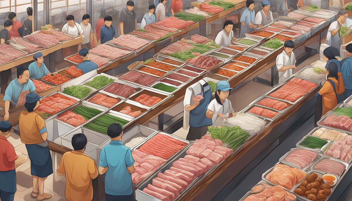 A bustling Asian market with rows of fresh meat stalls, displaying a variety of thinly sliced shabu shabu meat in Singapore