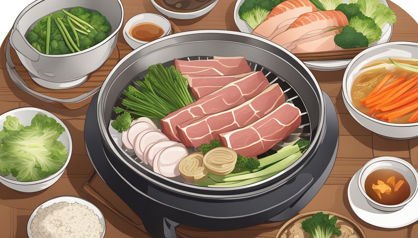 A table set with a hot pot, thinly sliced meat, and assorted vegetables. A pot of boiling broth simmers as diners dip and cook their ingredients before enjoying the Shabu Shabu at home