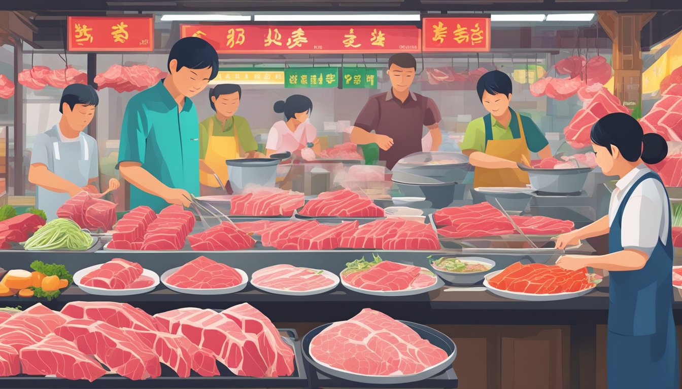 A bustling market stall displays various cuts of fresh shabu shabu meat in Singapore. Brightly colored signs indicate prices and cuts