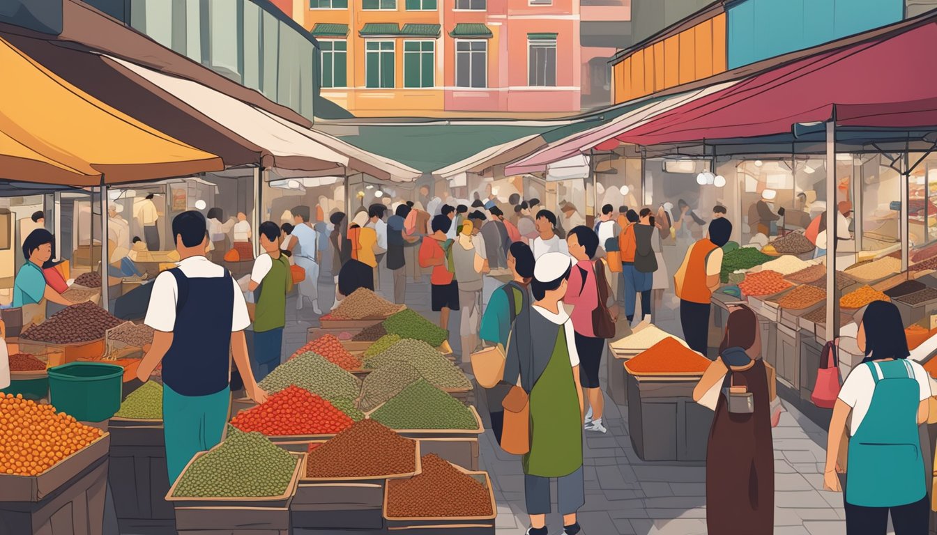 A bustling spice market in Singapore, with colorful stalls selling Sichuan peppercorns and vendors engaging with customers
