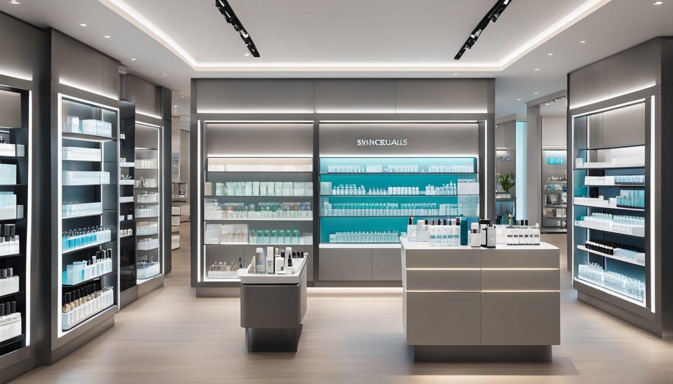 Skinceuticals products displayed in a sleek, well-lit store in Singapore. Shelves neatly stocked with skincare items, brand logo visible