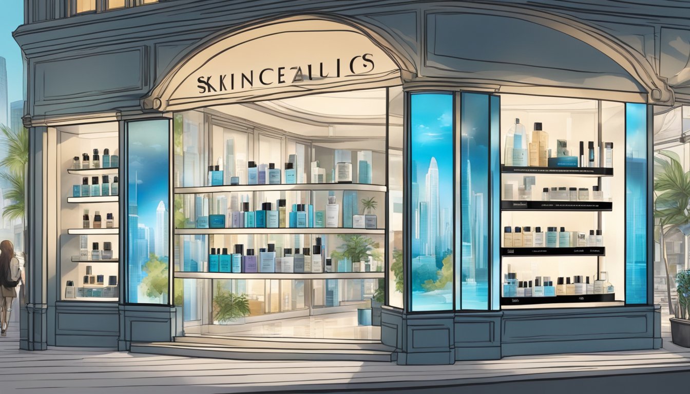 A vibrant Singapore cityscape with Skinceuticals products prominently displayed in a high-end beauty store window