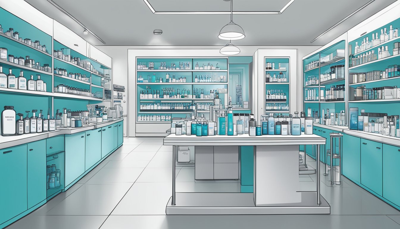 A laboratory setting with Skinceuticals products displayed on shelves, scientific equipment, and a logo prominently featured