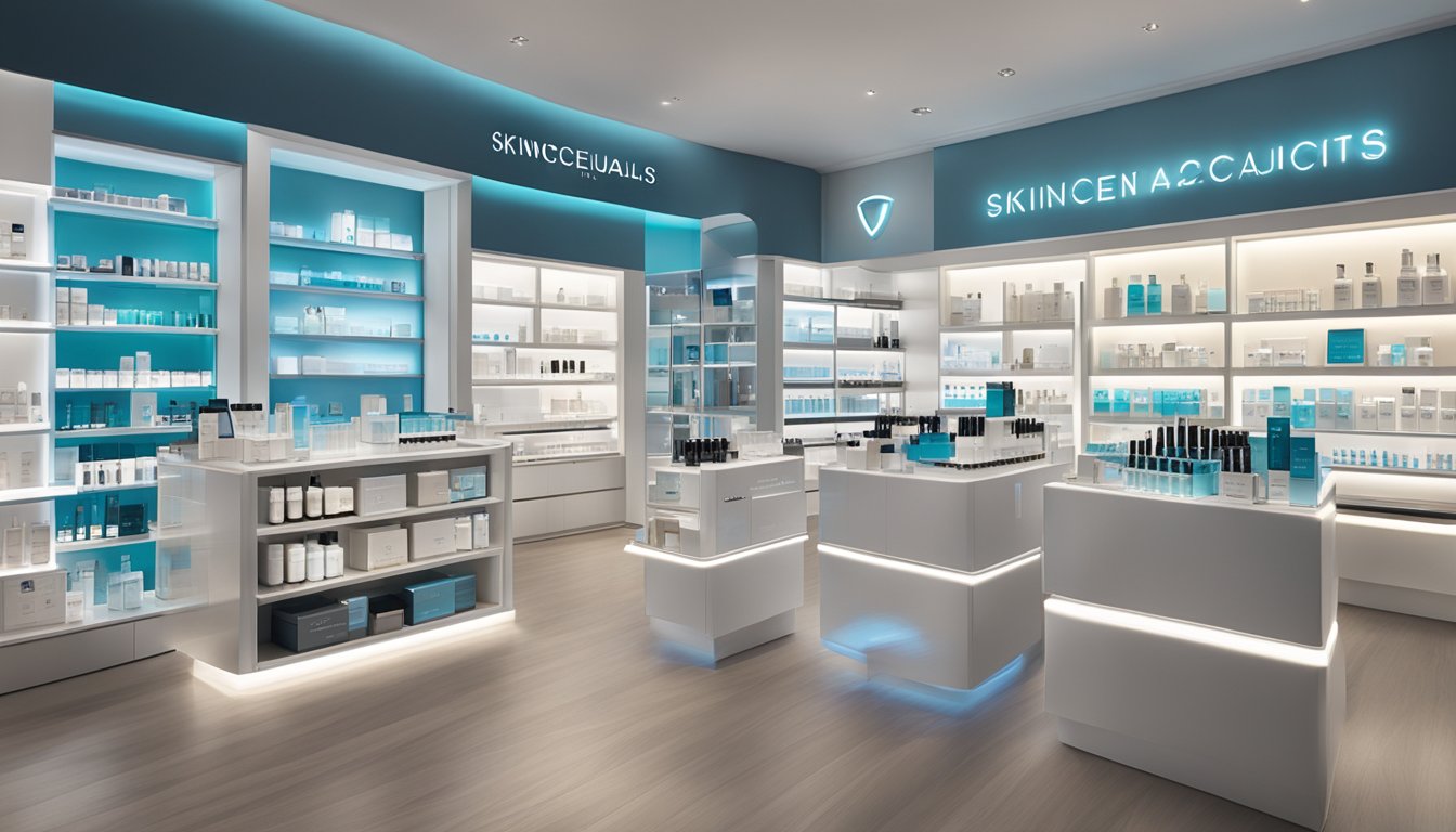 A display of Skinceuticals products in a modern Singaporean skincare store. Bright lighting and organized shelves showcase the popular items