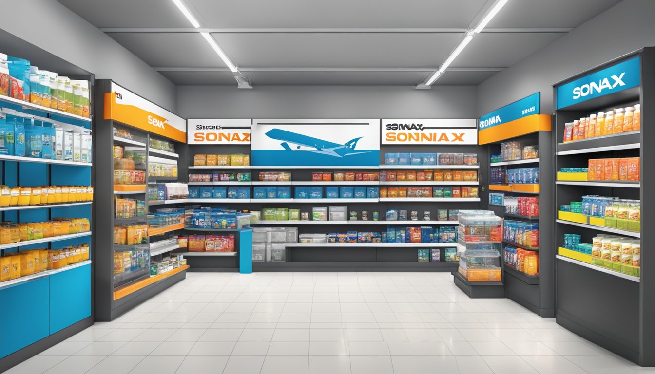 A bright, modern store display in Singapore showcases a variety of Sonax products, neatly organized on shelves with clear signage and branding