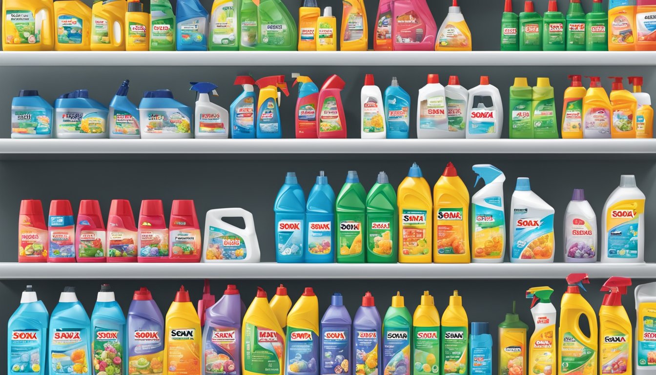 A shelf lined with various Sonax cleaning products, displayed in a well-lit store in Singapore. Bright packaging and clear labeling