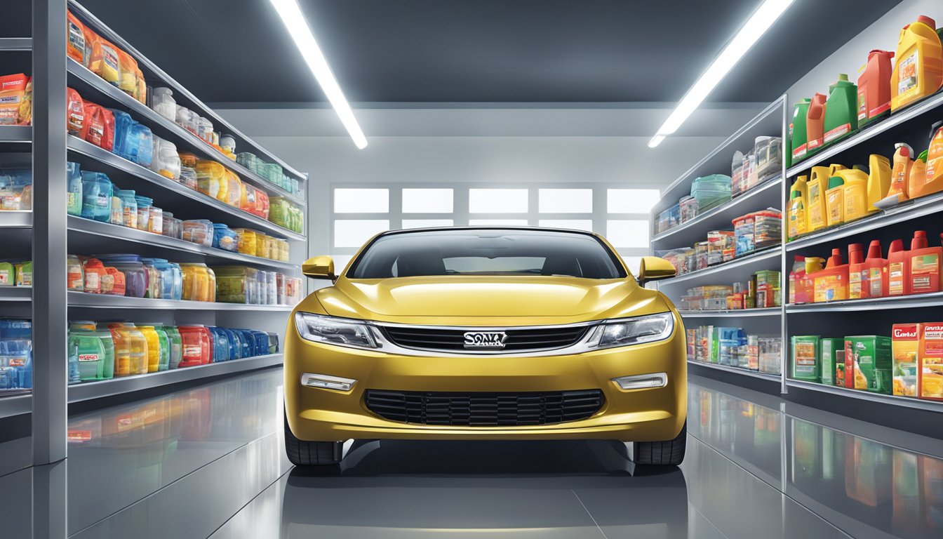 A shiny, clean car with Sonax products displayed in a Singaporean auto shop. Bright lighting highlights the products on the shelves