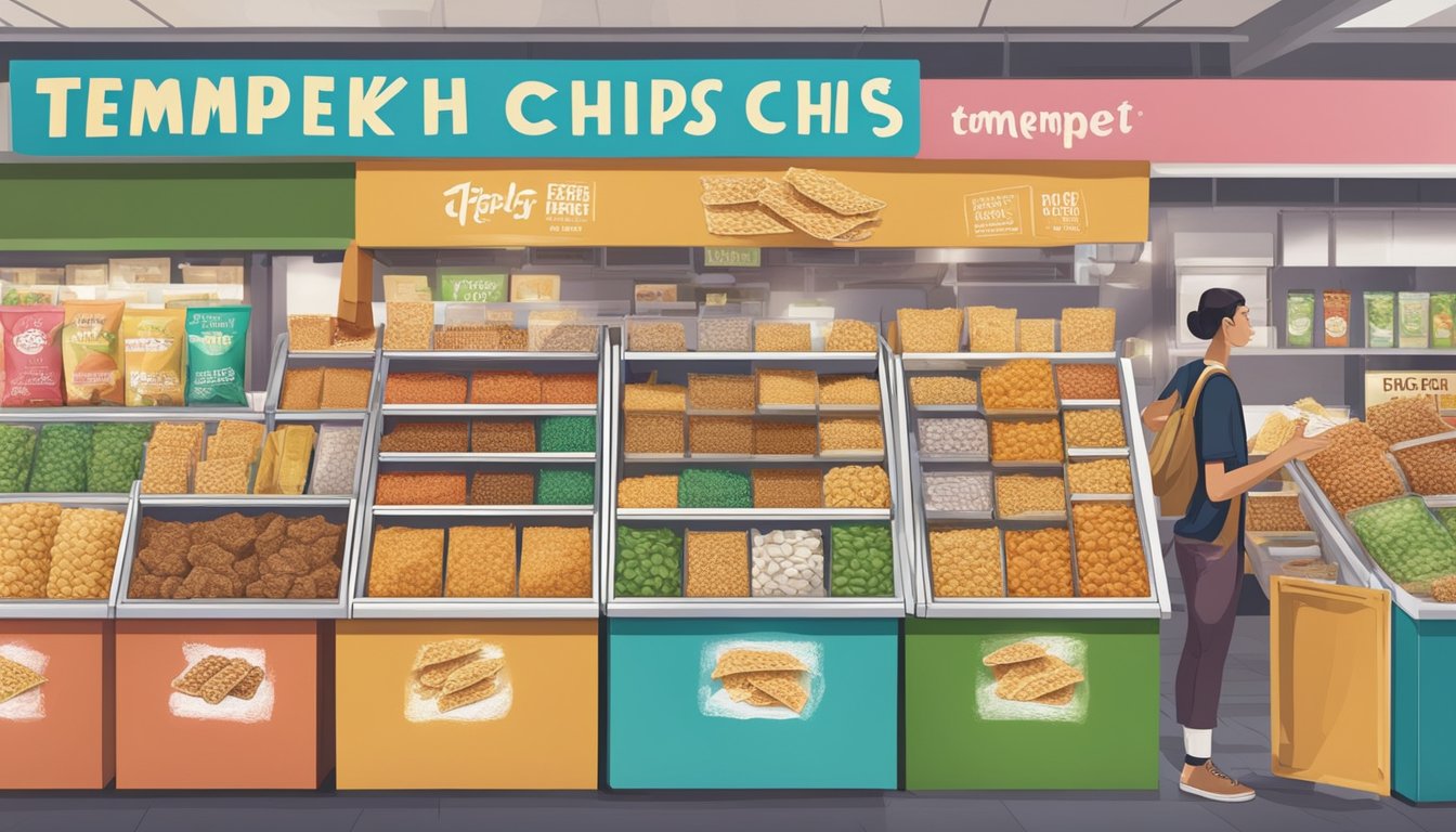 A bustling market stall displays various tempeh chip flavors in colorful packaging, with a sign prominently advertising "Tempeh Chips for Sale" in Singapore