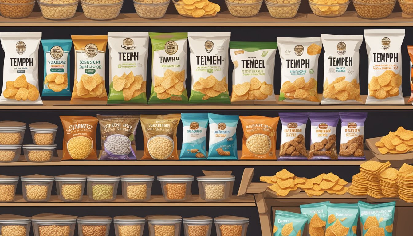 A display of tempeh chips at a local market in Singapore, with various brands and flavors neatly arranged on shelves