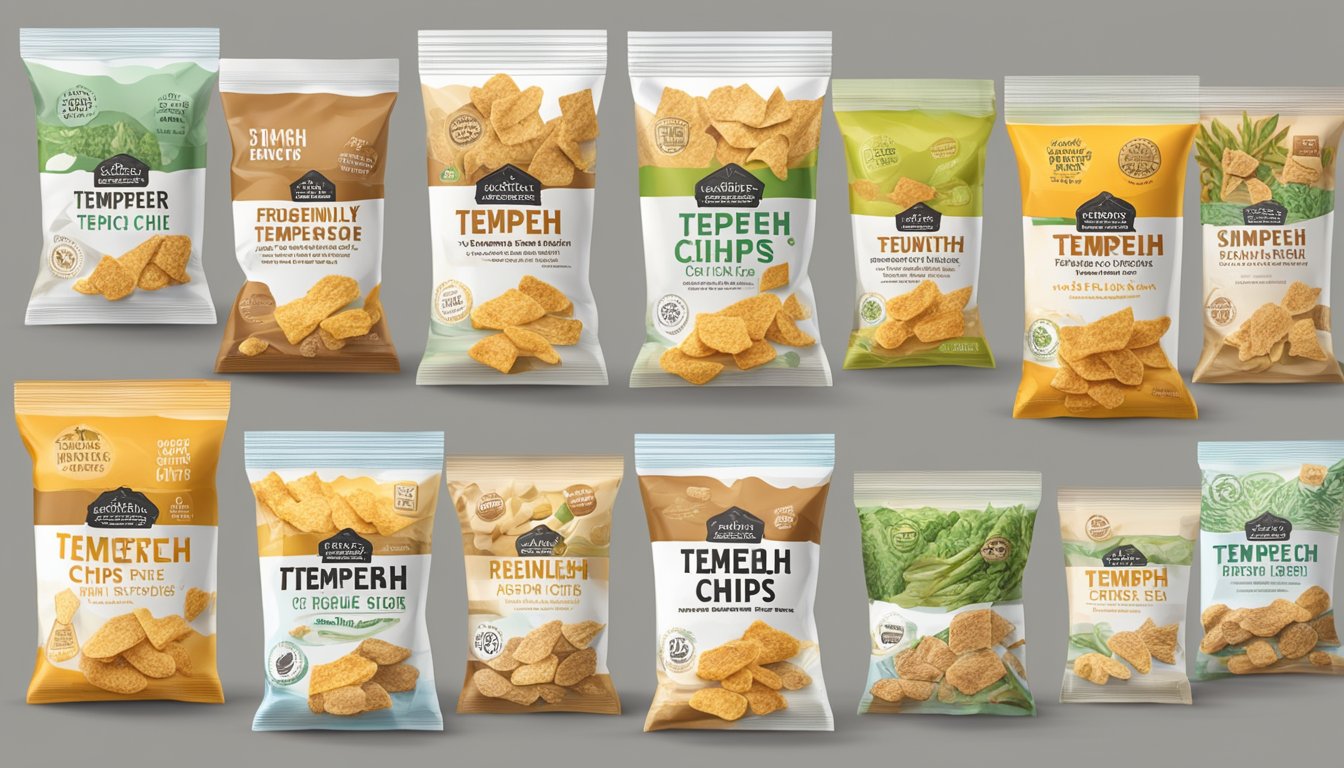 A display of tempeh chips in various flavors and sizes, with clear signage indicating "Frequently Asked Questions: Where to buy tempeh chips in Singapore."