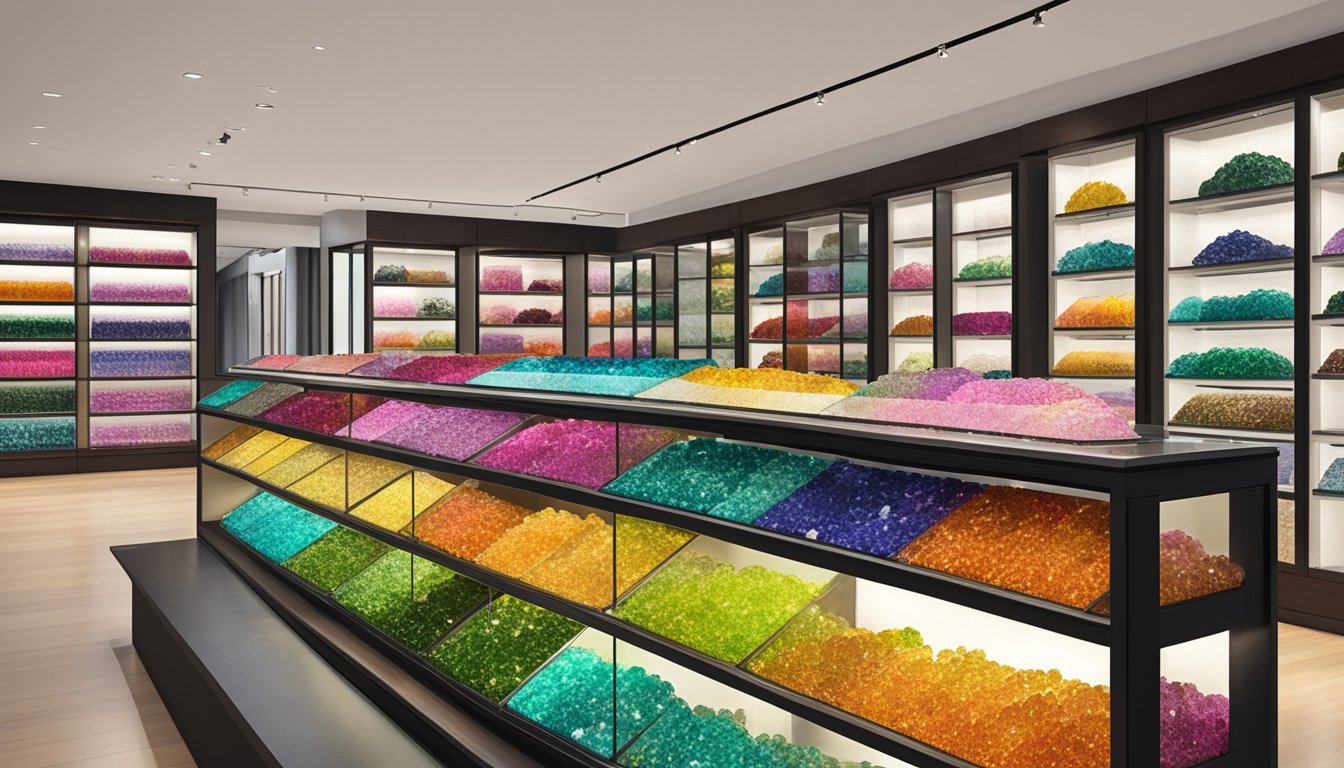 A vibrant display of tourmaline gemstones in a Singaporean jewelry store, with various colors and sizes showcased on velvet-lined shelves