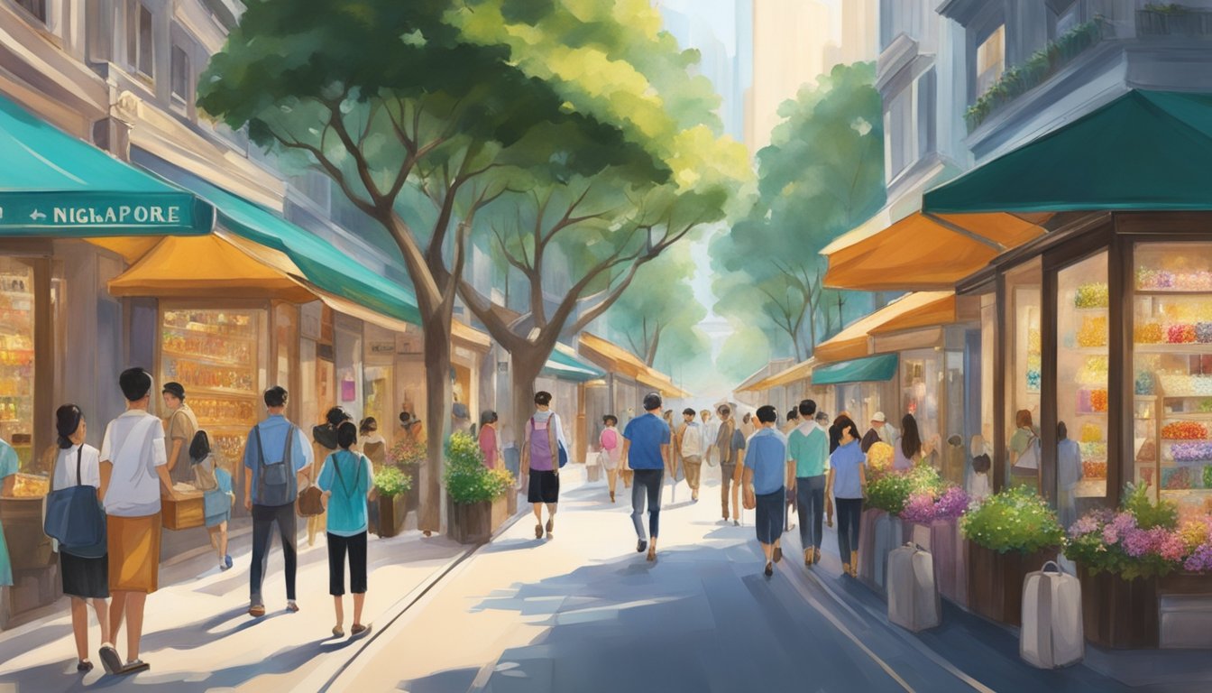 A bustling street in Singapore, with colorful gemstone displays catching the eye of passersby. Tourmaline glitters in the sunlight, enticing shoppers to stop and admire its beauty