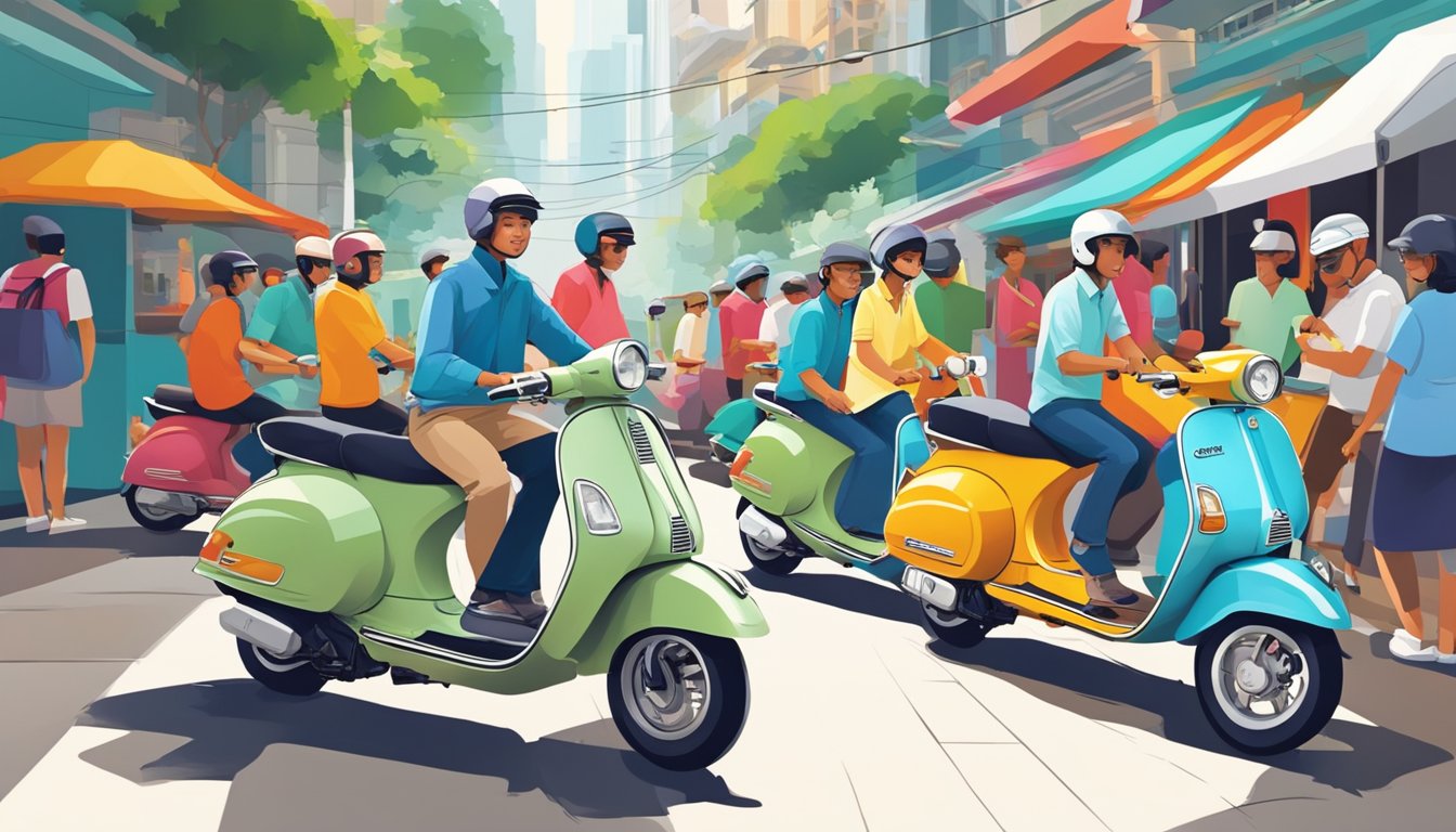 A bustling street in Singapore, lined with sleek Vespa dealerships showcasing a range of colorful scooters. Bright signage and eager customers add to the lively atmosphere
