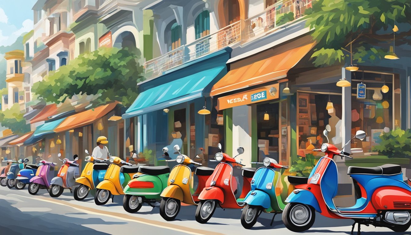 A bustling street in Singapore, with colorful Vespa scooters lined up outside a specialty shop. The shop sign prominently displays "Vespa" in bold letters