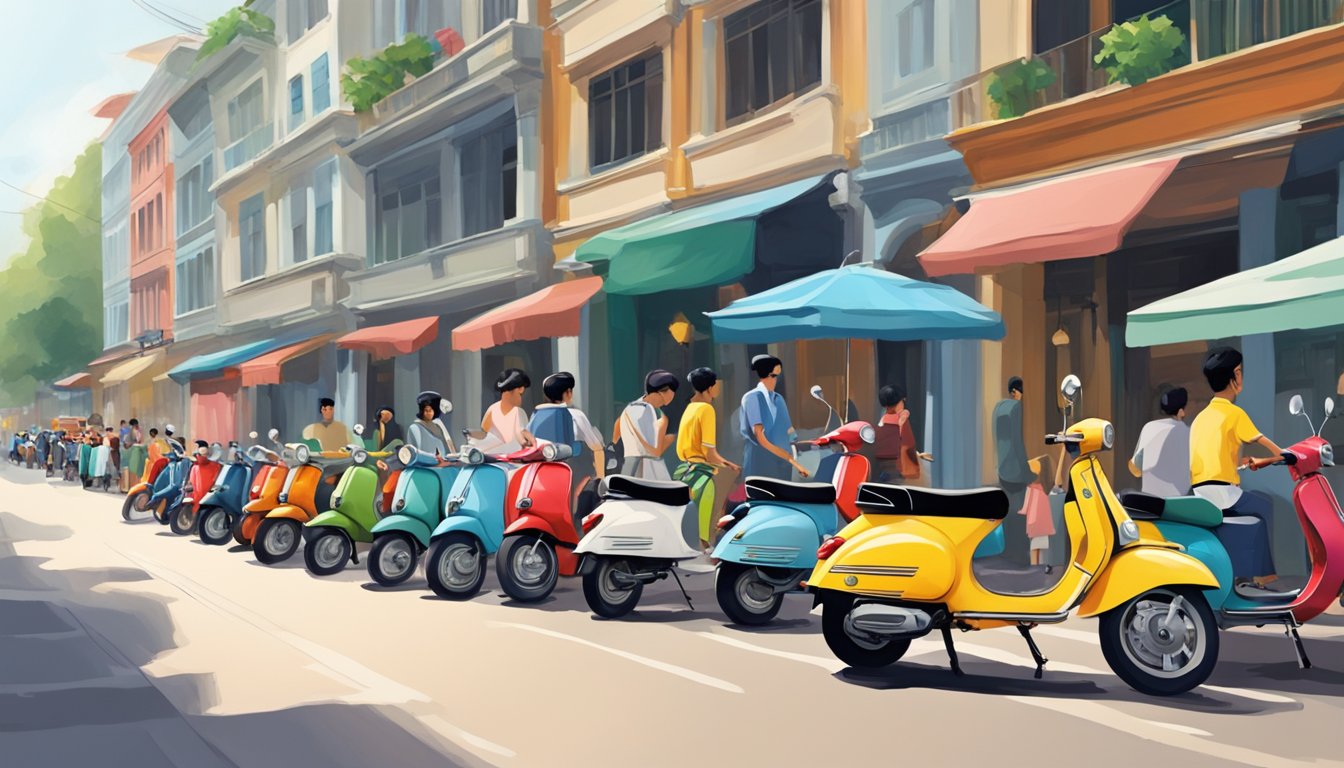 A bustling street in Singapore, with a row of colorful Vespa scooters on display outside a shop, surrounded by curious onlookers