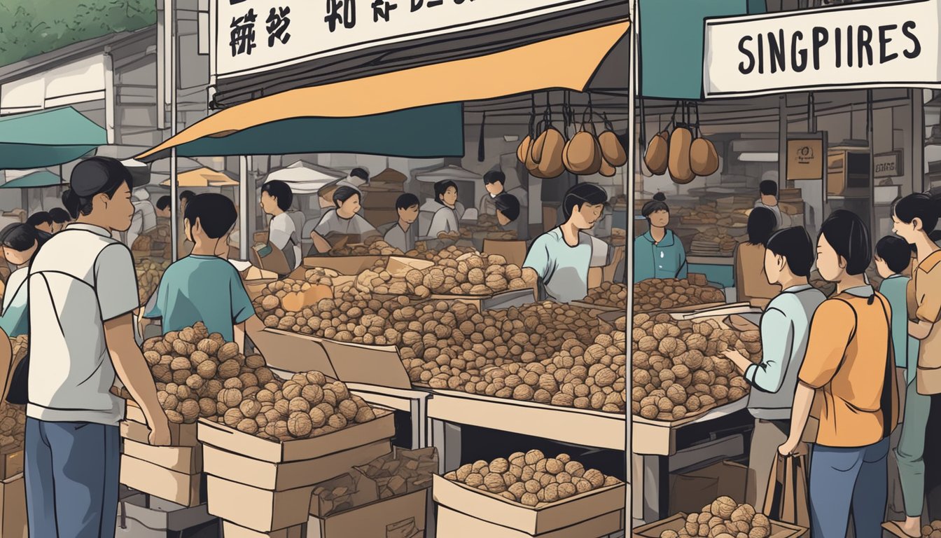 A bustling market stall in Singapore, stacked with fresh walnuts and a sign reading "Frequently Asked Questions: Where to buy walnut in Singapore"