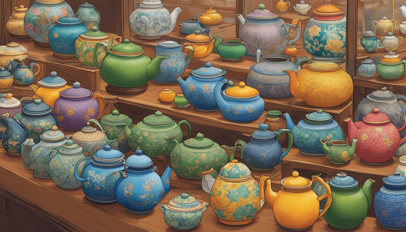 A bustling market stall displays a variety of Yixing teapots in Singapore, with vibrant colors and intricate designs. Shoppers admire the craftsmanship as the seller explains the unique properties of each pot