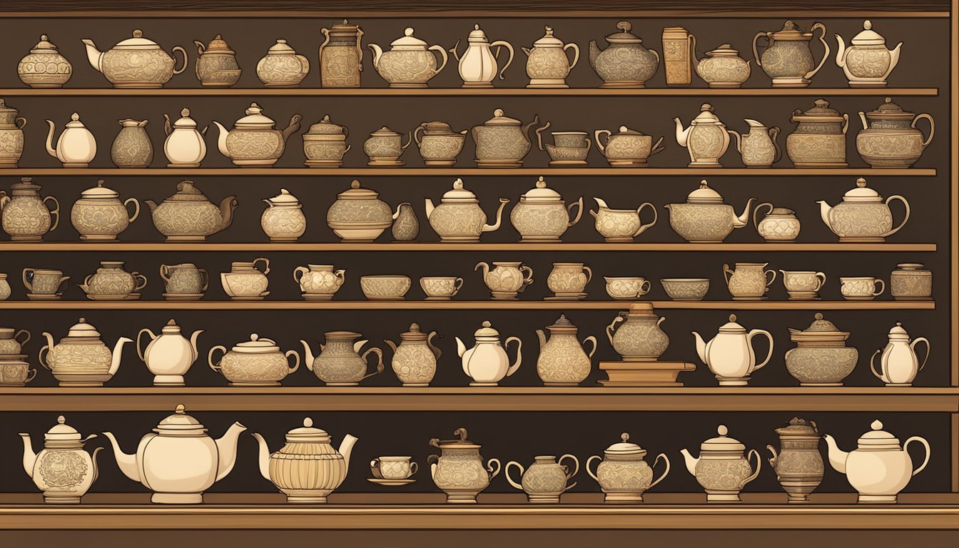 A display of Yixing teapots in a Singaporean shop, with various sizes and designs showcased on wooden shelves. The warm lighting highlights the intricate details of the teapots, creating a cozy and inviting ambiance