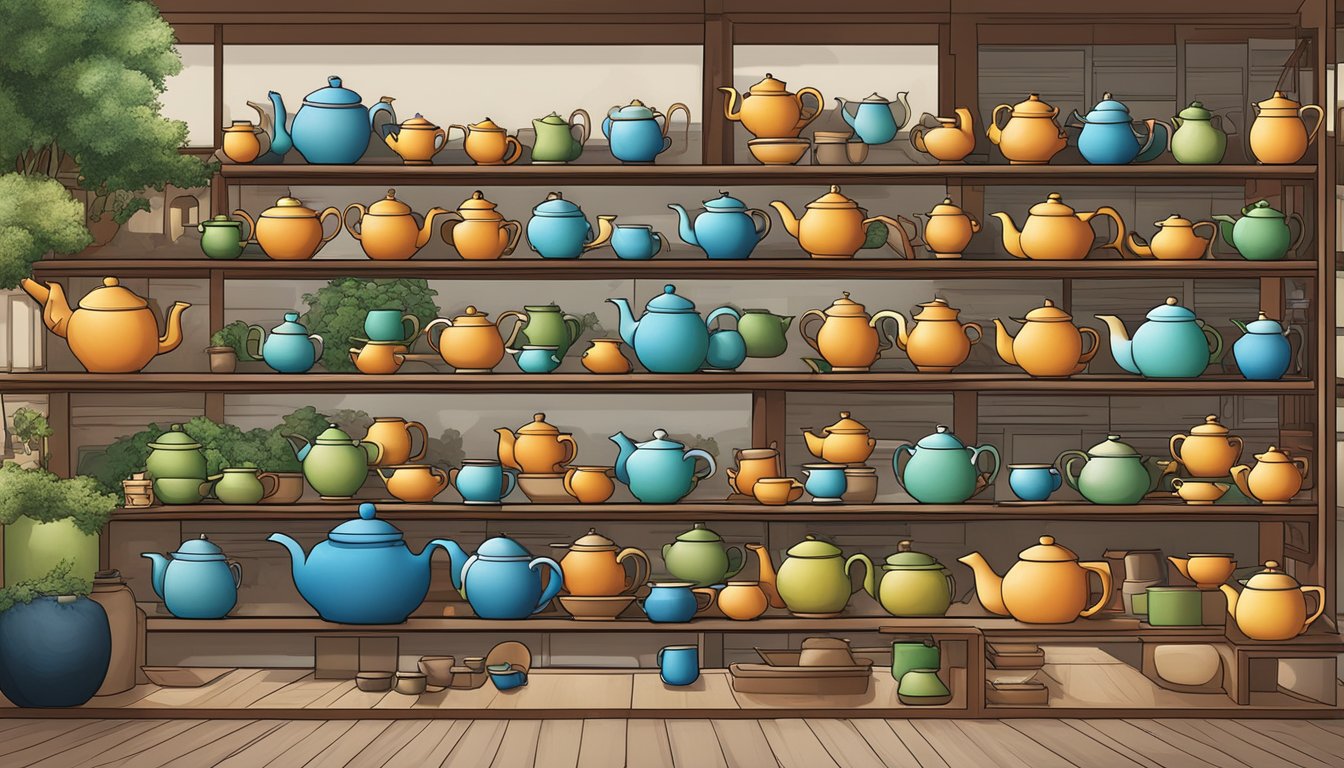 A display of authentic Yixing teapots in a Singaporean shop, with various sizes, shapes, and colors available for purchase