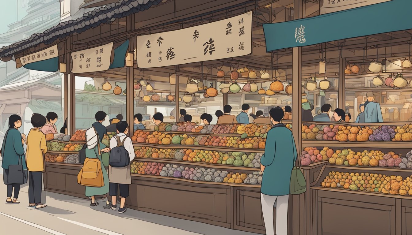 A bustling market stall with colorful yixing teapots on display, surrounded by eager customers and a sign advertising "Frequently Asked Questions: where to buy yixing teapot in Singapore."